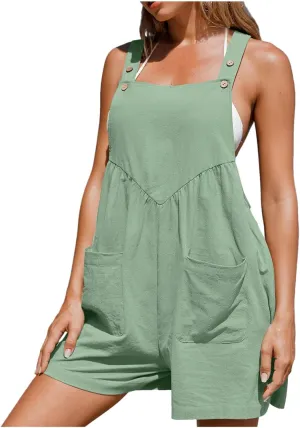 Short Overalls for Women Casual Summer Jumpsuits Button Up Adjustable Straps Loose Linen Fit Bib Rompers with Pockets