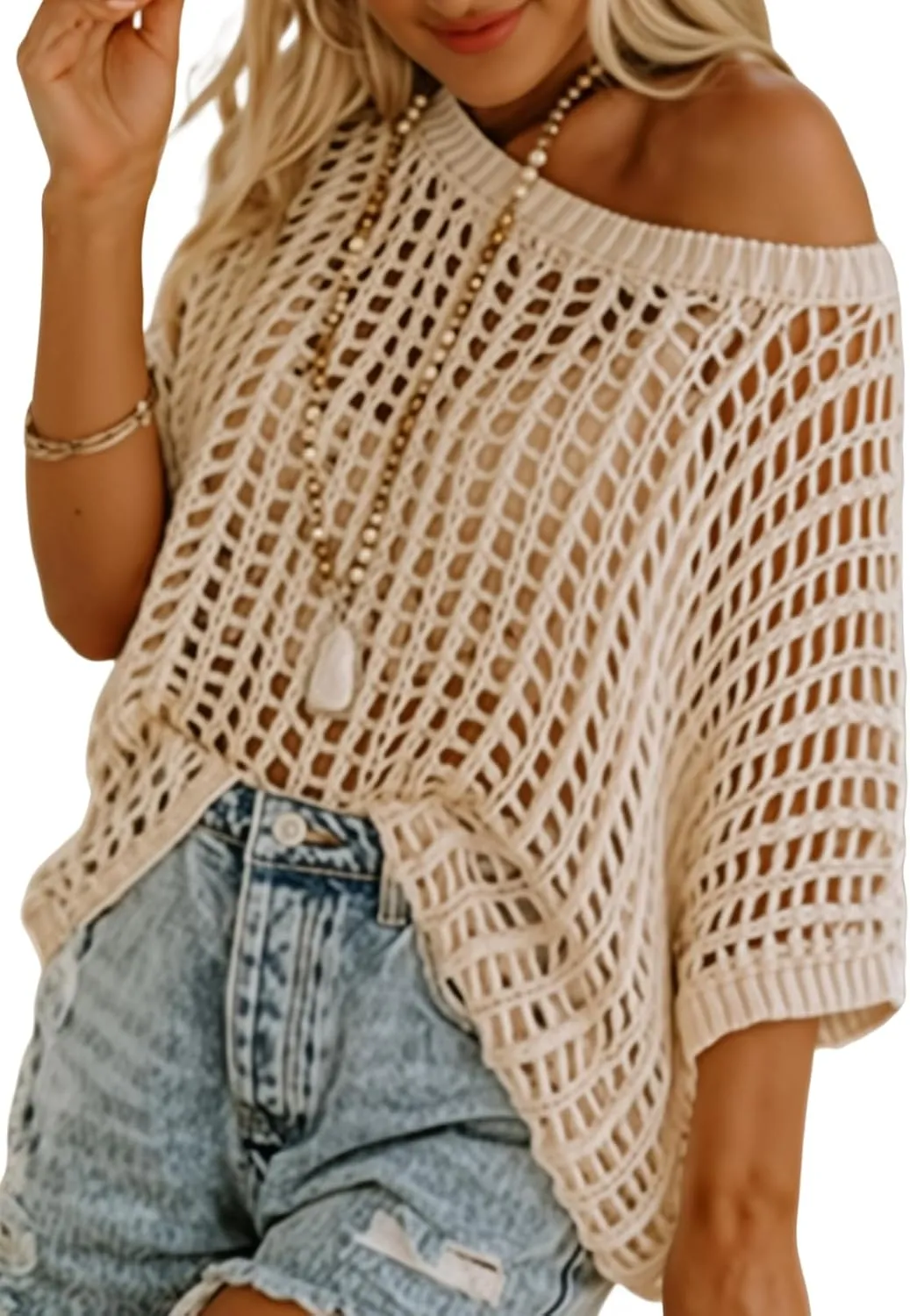 Sidefeel Women's Crochet Tops Short Sleeve Sweater 2025 Fashion Hollow Out Scoop Neck Pullover Knit Tops Cover Ups