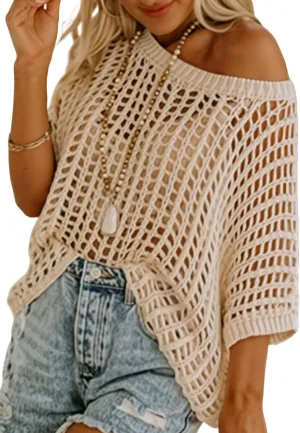 Sidefeel Women's Crochet Tops Short Sleeve Sweater 2025 Fashion Hollow Out Scoop Neck Pullover Knit Tops Cover Ups