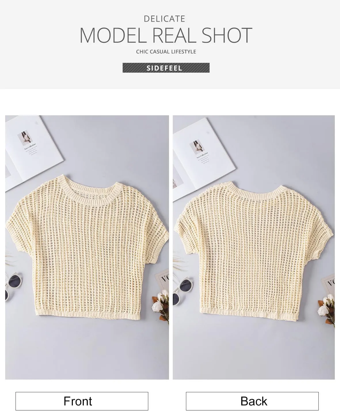 Sidefeel Women's Crochet Tops Short Sleeve Sweater 2025 Fashion Hollow Out Scoop Neck Pullover Knit Tops Cover Ups