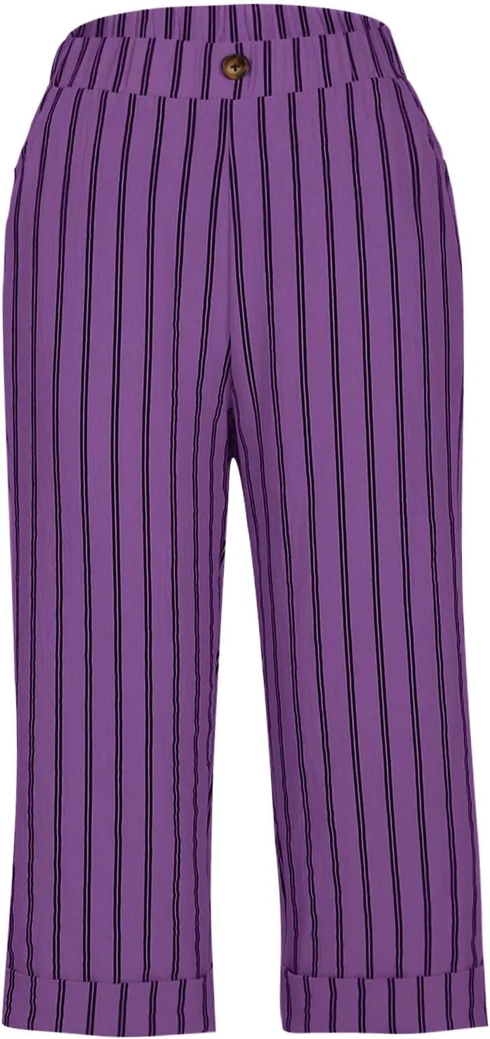 Sinzelimin Women's Capris Pants Fashion Striped Straight Wide Leg Trousers with Pocket, Ladies Sport Casual Cropped Sweatpant