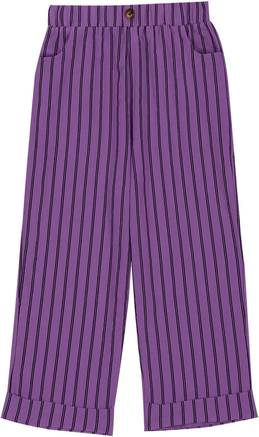 Sinzelimin Women's Capris Pants Fashion Striped Straight Wide Leg Trousers with Pocket, Ladies Sport Casual Cropped Sweatpant