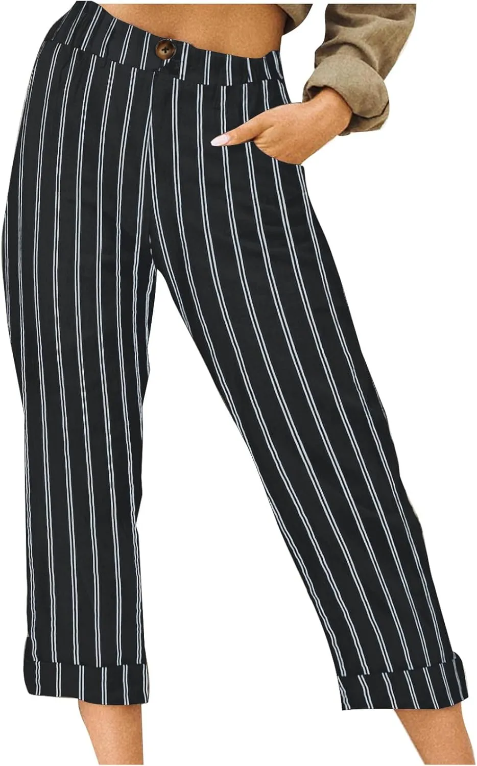 Sinzelimin Women's Capris Pants Fashion Striped Straight Wide Leg Trousers with Pocket, Ladies Sport Casual Cropped Sweatpant