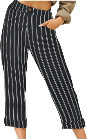 Sinzelimin Women's Capris Pants Fashion Striped Straight Wide Leg Trousers with Pocket, Ladies Sport Casual Cropped Sweatpant