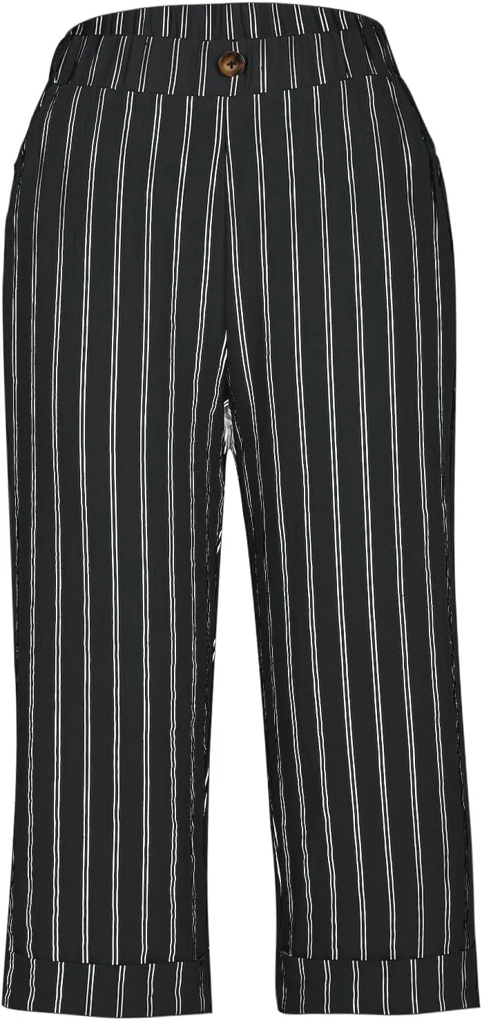 Sinzelimin Women's Capris Pants Fashion Striped Straight Wide Leg Trousers with Pocket, Ladies Sport Casual Cropped Sweatpant