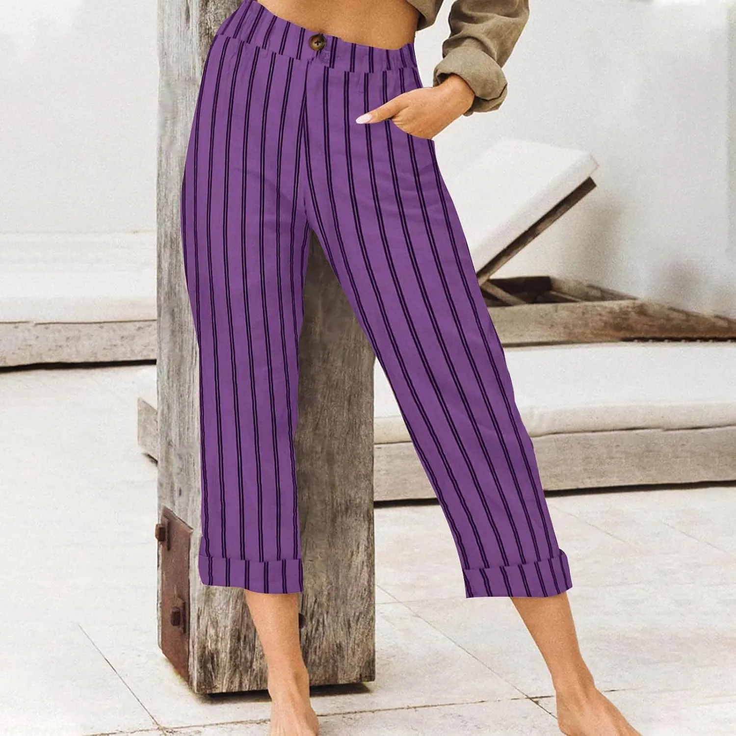 Sinzelimin Women's Capris Pants Fashion Striped Straight Wide Leg Trousers with Pocket, Ladies Sport Casual Cropped Sweatpant