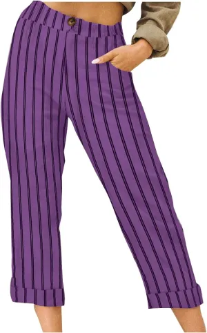 Sinzelimin Women's Capris Pants Fashion Striped Straight Wide Leg Trousers with Pocket, Ladies Sport Casual Cropped Sweatpant