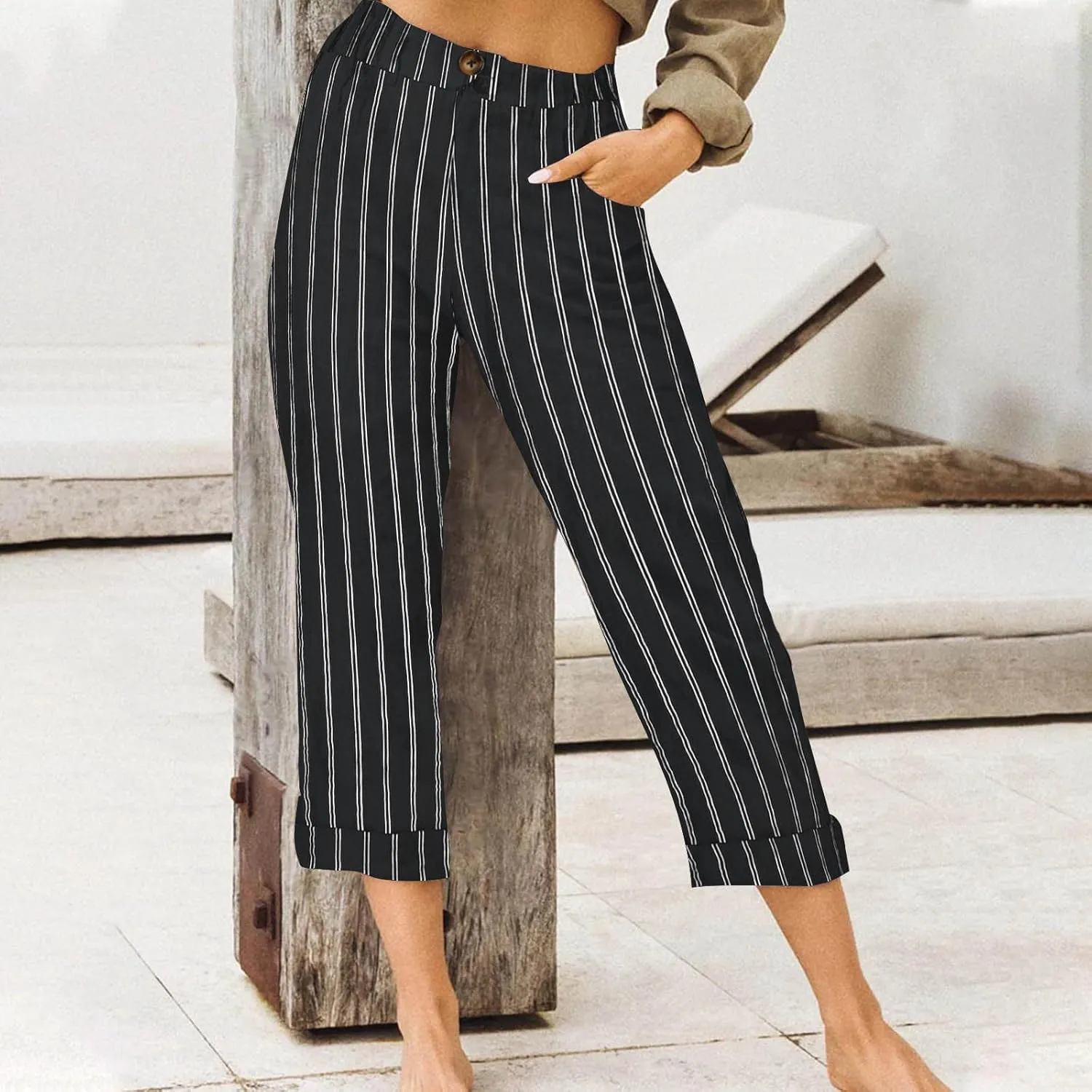 Sinzelimin Women's Capris Pants Fashion Striped Straight Wide Leg Trousers with Pocket, Ladies Sport Casual Cropped Sweatpant