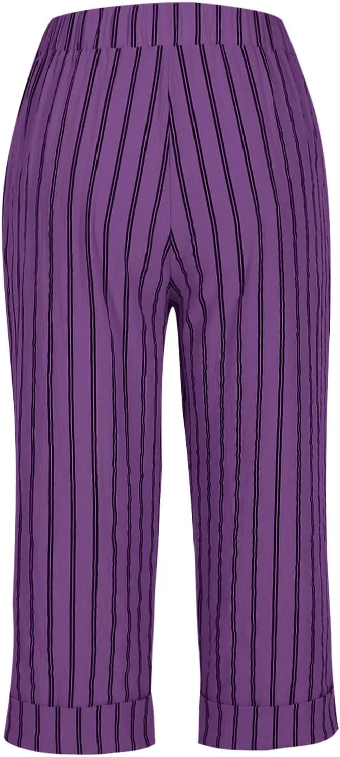 Sinzelimin Women's Capris Pants Fashion Striped Straight Wide Leg Trousers with Pocket, Ladies Sport Casual Cropped Sweatpant
