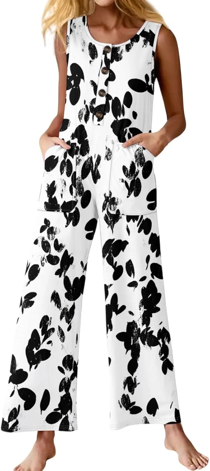 Sleeveless Jumpsuits For Women Floral Print Crewneck Wide Leg One Piece Rompers 2025 Summer Overalls With Pockets
