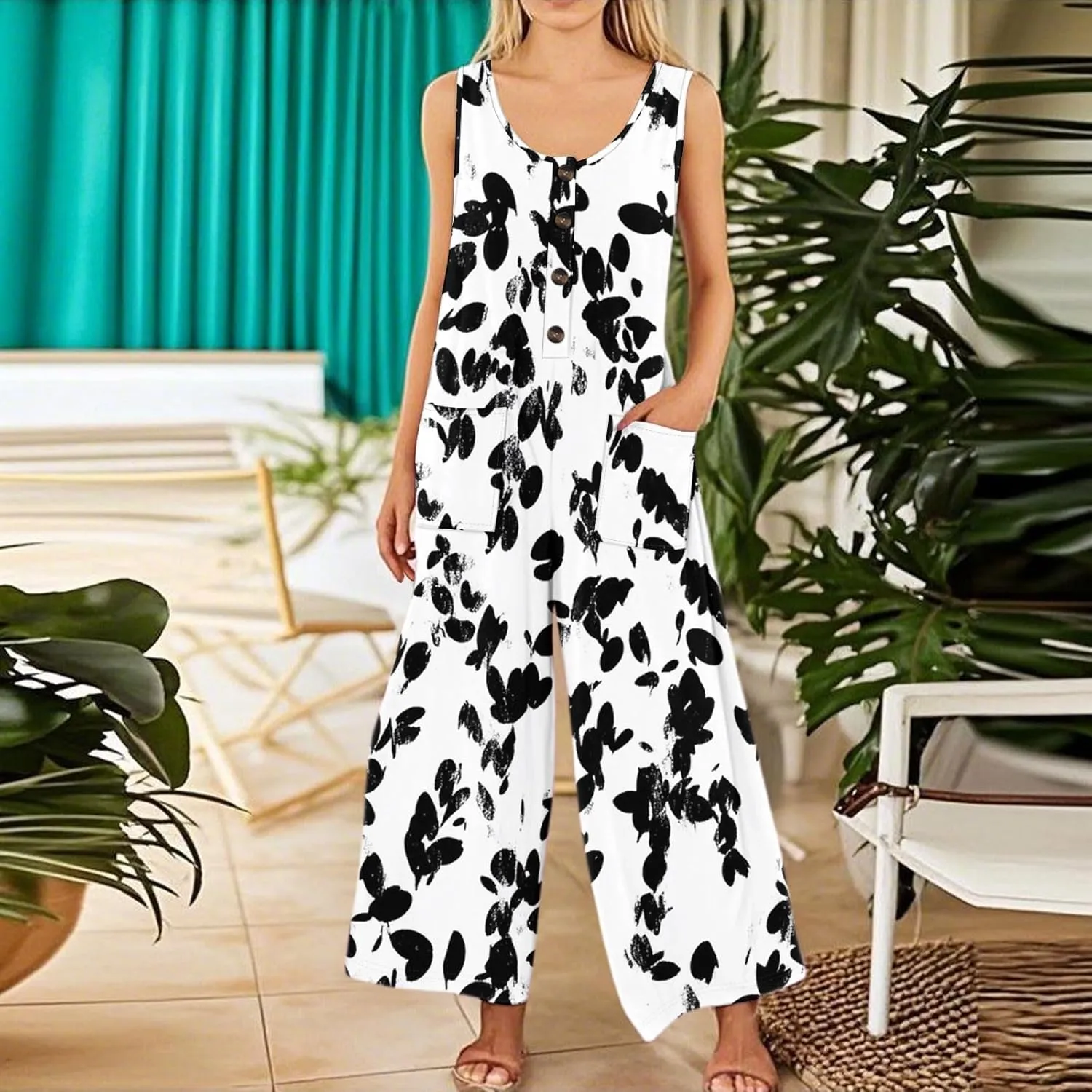 Sleeveless Jumpsuits For Women Floral Print Crewneck Wide Leg One Piece Rompers 2025 Summer Overalls With Pockets