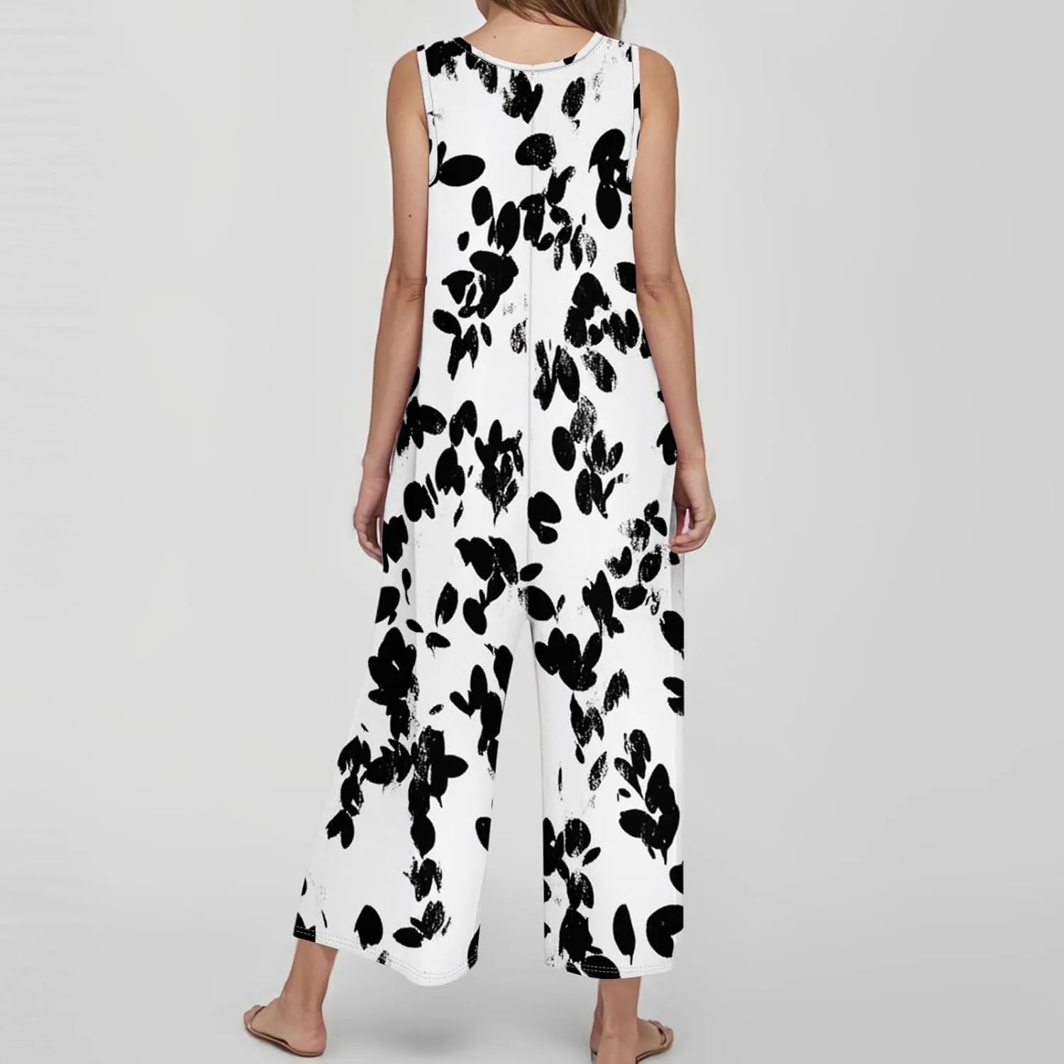 Sleeveless Jumpsuits For Women Floral Print Crewneck Wide Leg One Piece Rompers 2025 Summer Overalls With Pockets