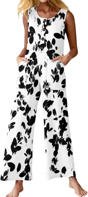 Sleeveless Jumpsuits For Women Floral Print Crewneck Wide Leg One Piece Rompers 2025 Summer Overalls With Pockets