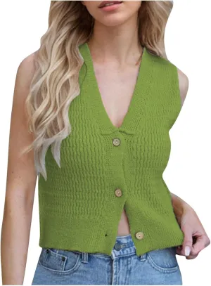 Sleeveless Knit Button Down Tank Tops for Women, Solid Color Casual Comfy Summer Trendy Clothes Going Out Daily Shirts