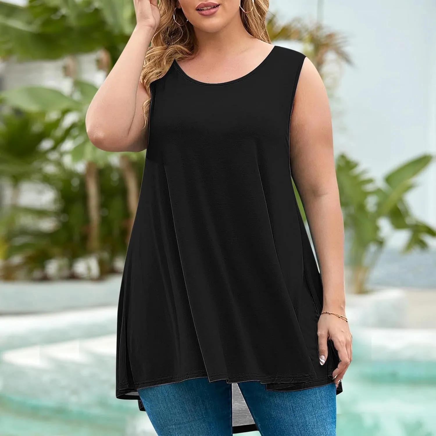 Sleeveless Tops for Women Summer Plus Size Tunic Tees Solid Round Neck Casual Flowy Tank Tops Comfy Loose Fit Shirts