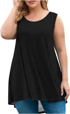 Sleeveless Tops for Women Summer Plus Size Tunic Tees Solid Round Neck Casual Flowy Tank Tops Comfy Loose Fit Shirts