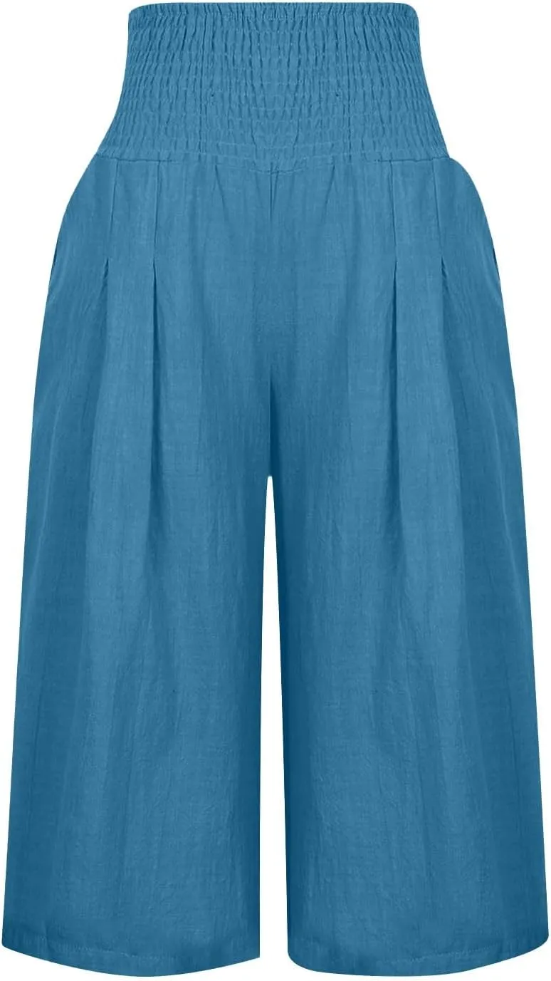 SMIDOW Womens Linen Capris Palazzo Pants Stretchy High Waisted Wide Leg Pants Knee Length Cotton Trouser Cropped Pants