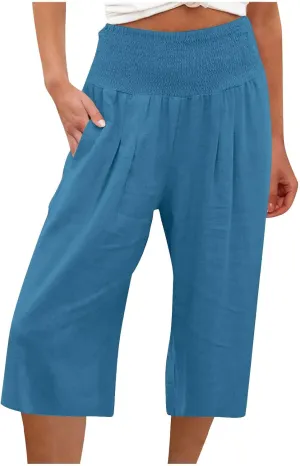 SMIDOW Womens Linen Capris Palazzo Pants Stretchy High Waisted Wide Leg Pants Knee Length Cotton Trouser Cropped Pants
