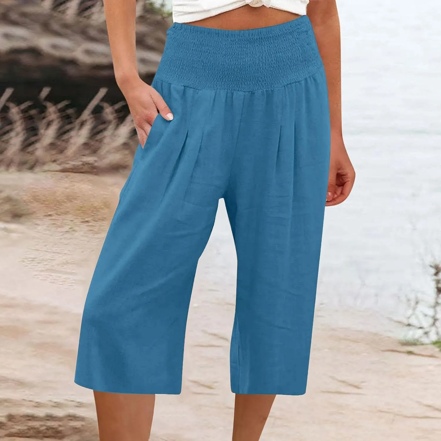 SMIDOW Womens Linen Capris Palazzo Pants Stretchy High Waisted Wide Leg Pants Knee Length Cotton Trouser Cropped Pants