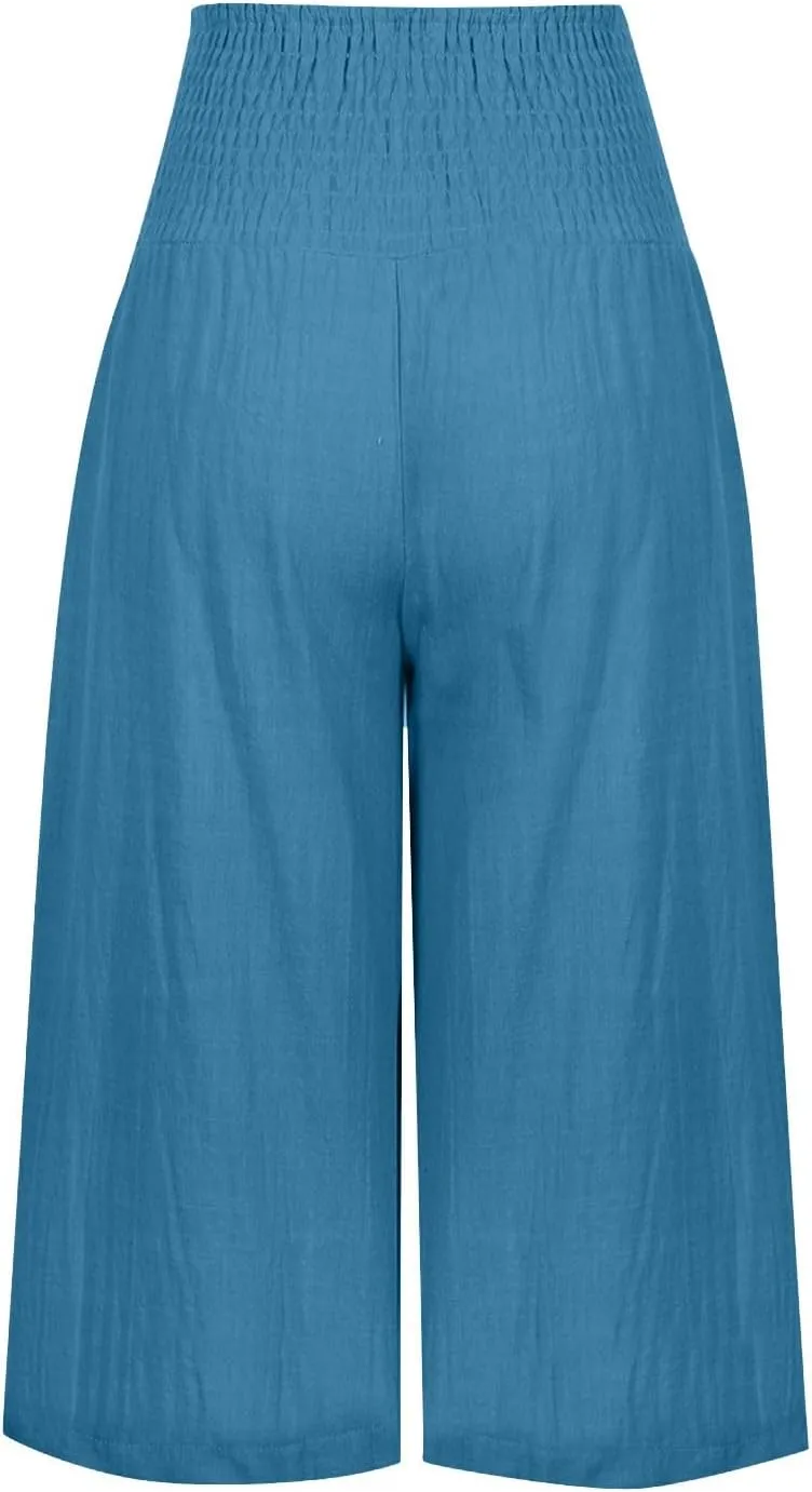 SMIDOW Womens Linen Capris Palazzo Pants Stretchy High Waisted Wide Leg Pants Knee Length Cotton Trouser Cropped Pants