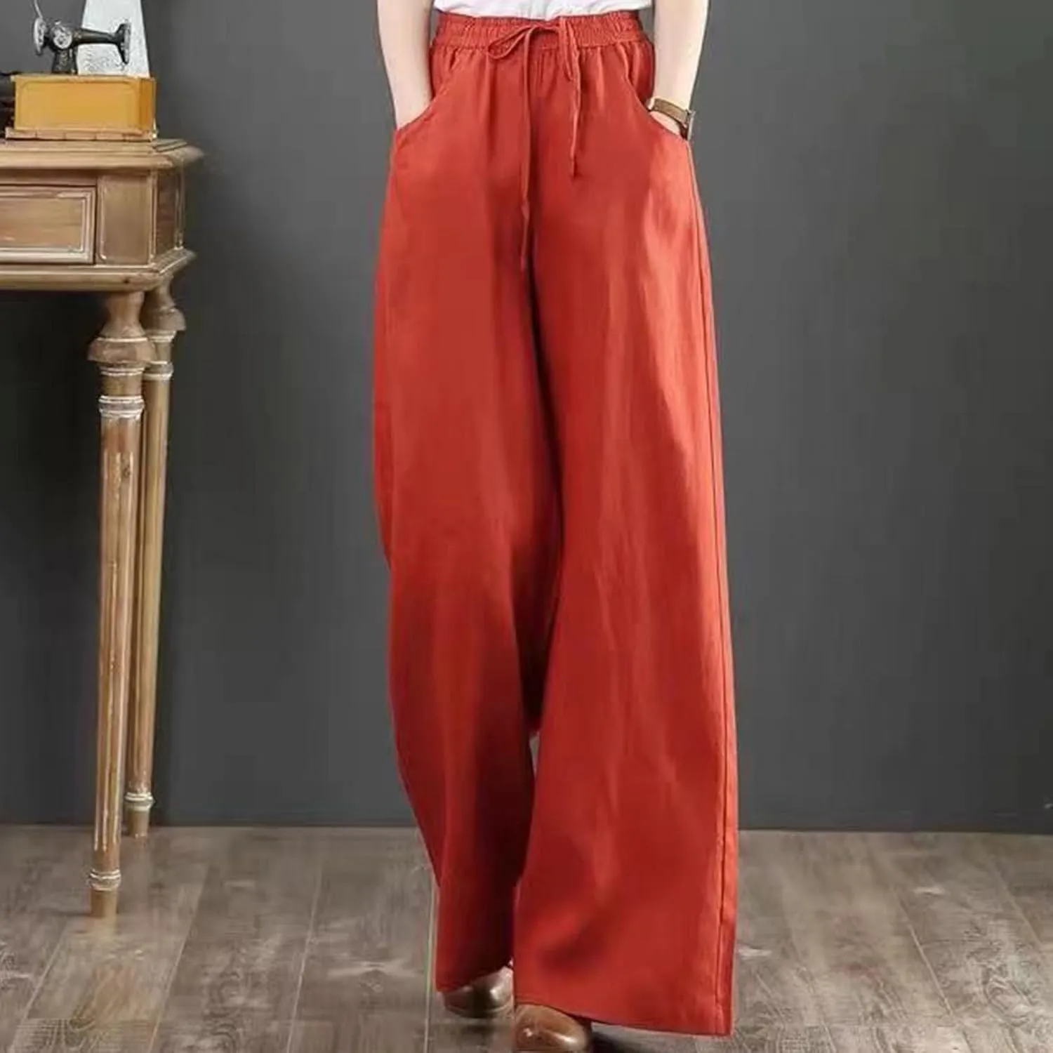 SMIDOW Womens Plus Size Linen Palazzo Pants Drawstring Elastic Waist Culottes Business Work Trousers Loose Fit