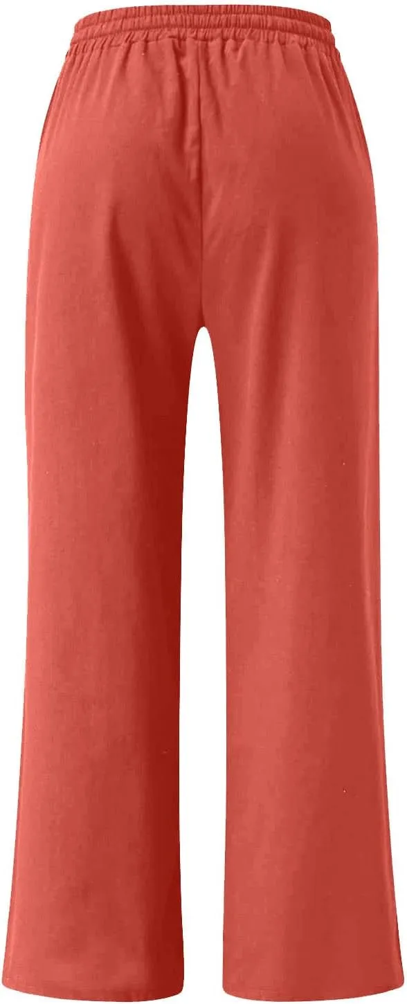 SMIDOW Womens Plus Size Linen Palazzo Pants Drawstring Elastic Waist Culottes Business Work Trousers Loose Fit