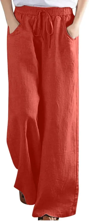 SMIDOW Womens Plus Size Linen Palazzo Pants Drawstring Elastic Waist Culottes Business Work Trousers Loose Fit