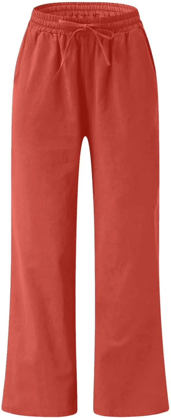 SMIDOW Womens Plus Size Linen Palazzo Pants Drawstring Elastic Waist Culottes Business Work Trousers Loose Fit