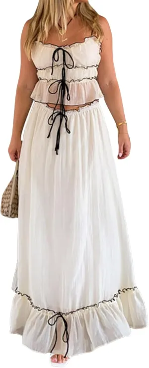 SOLILOQUY Women's Summer Maxi Skirt Set Spaghetti Strap Tie Up Front Sheer Mesh Cami Tops Thigh Slit Long Skirt Beach Clothes