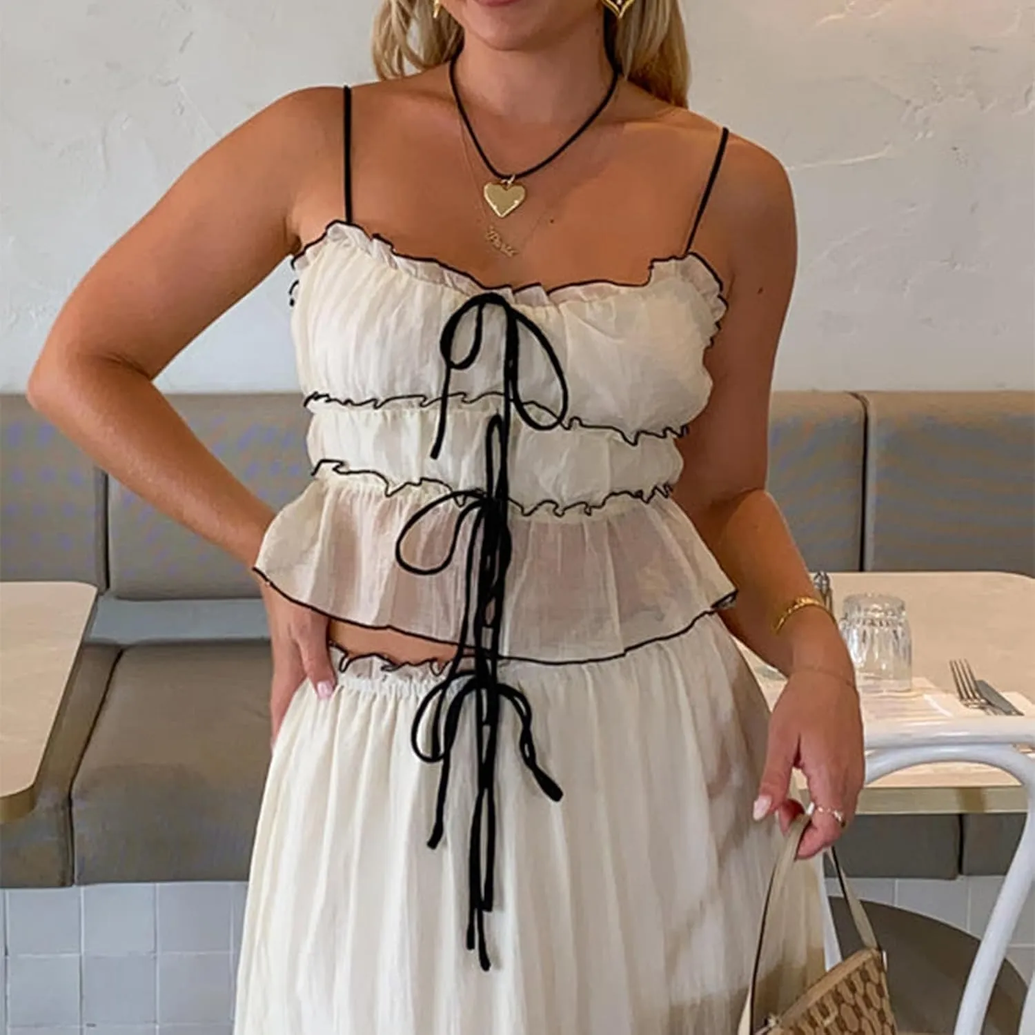 SOLILOQUY Women's Summer Maxi Skirt Set Spaghetti Strap Tie Up Front Sheer Mesh Cami Tops Thigh Slit Long Skirt Beach Clothes