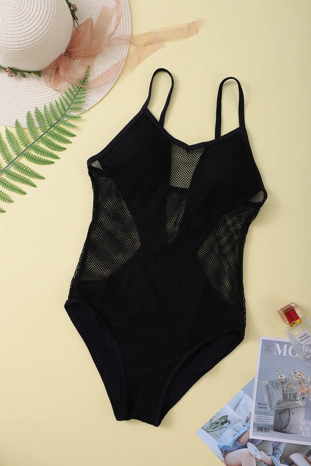 Spaghetti Straps Mesh Hollow Out High Cut One Piece Swimsuit