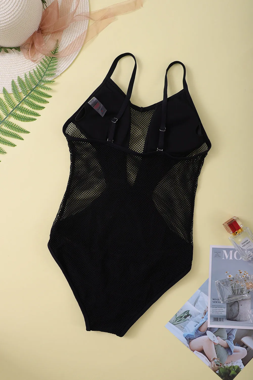 Spaghetti Straps Mesh Hollow Out High Cut One Piece Swimsuit