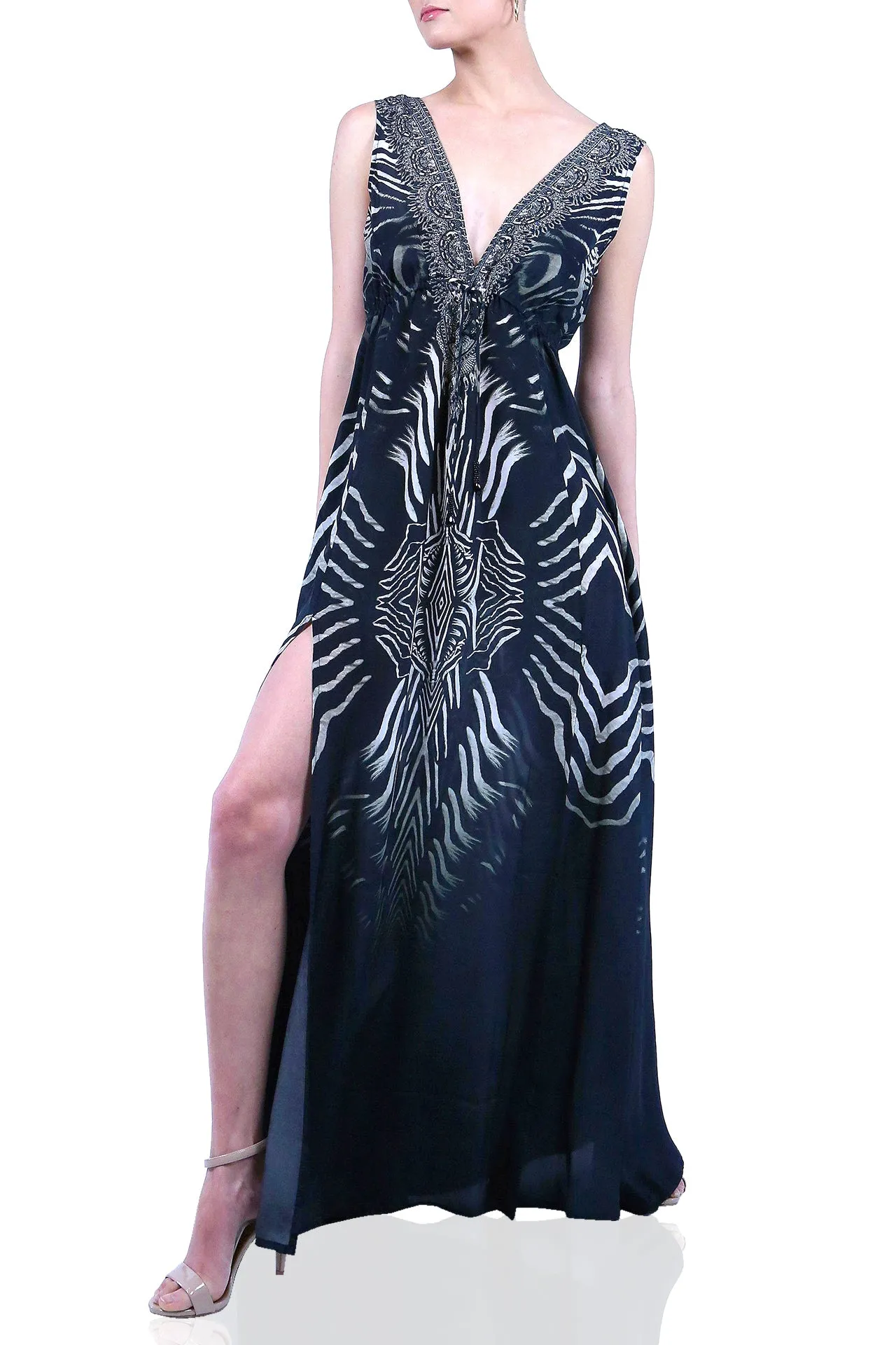 Stripe Print Long Sexy Black Dress