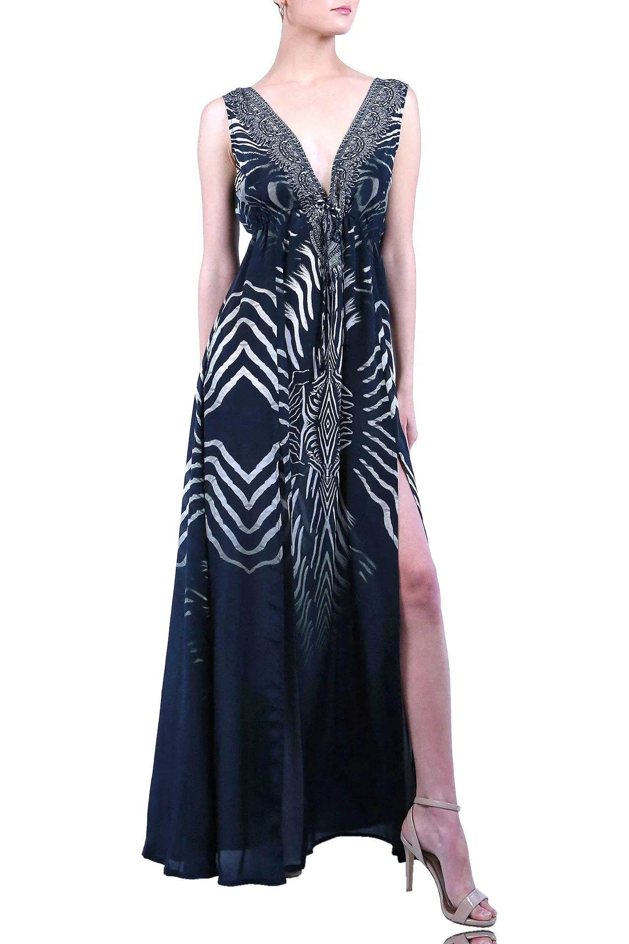Stripe Print Long Sexy Black Dress