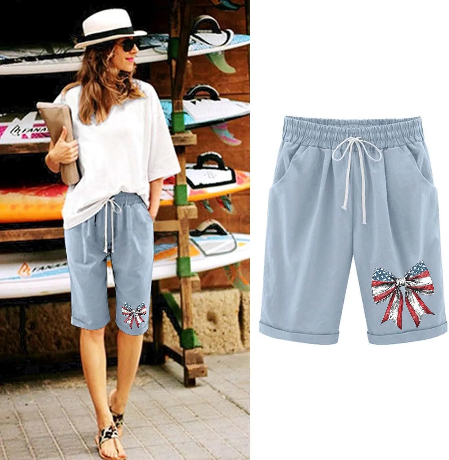 Summer Bermuda Shorts for Women 4th of July Print High Waist Knee Length Pants Drawstring Lounge Shorts with Pockets