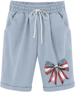Summer Bermuda Shorts for Women 4th of July Print High Waist Knee Length Pants Drawstring Lounge Shorts with Pockets