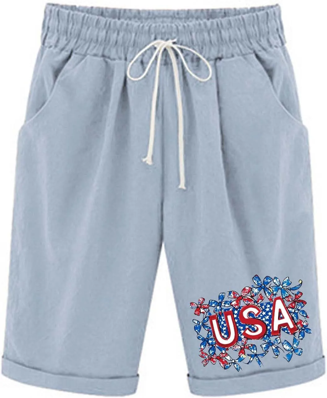 Summer Bermuda Shorts for Women 4th of July Print High Waist Knee Length Pants Drawstring Lounge Shorts with Pockets