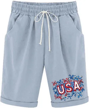 Summer Bermuda Shorts for Women 4th of July Print High Waist Knee Length Pants Drawstring Lounge Shorts with Pockets