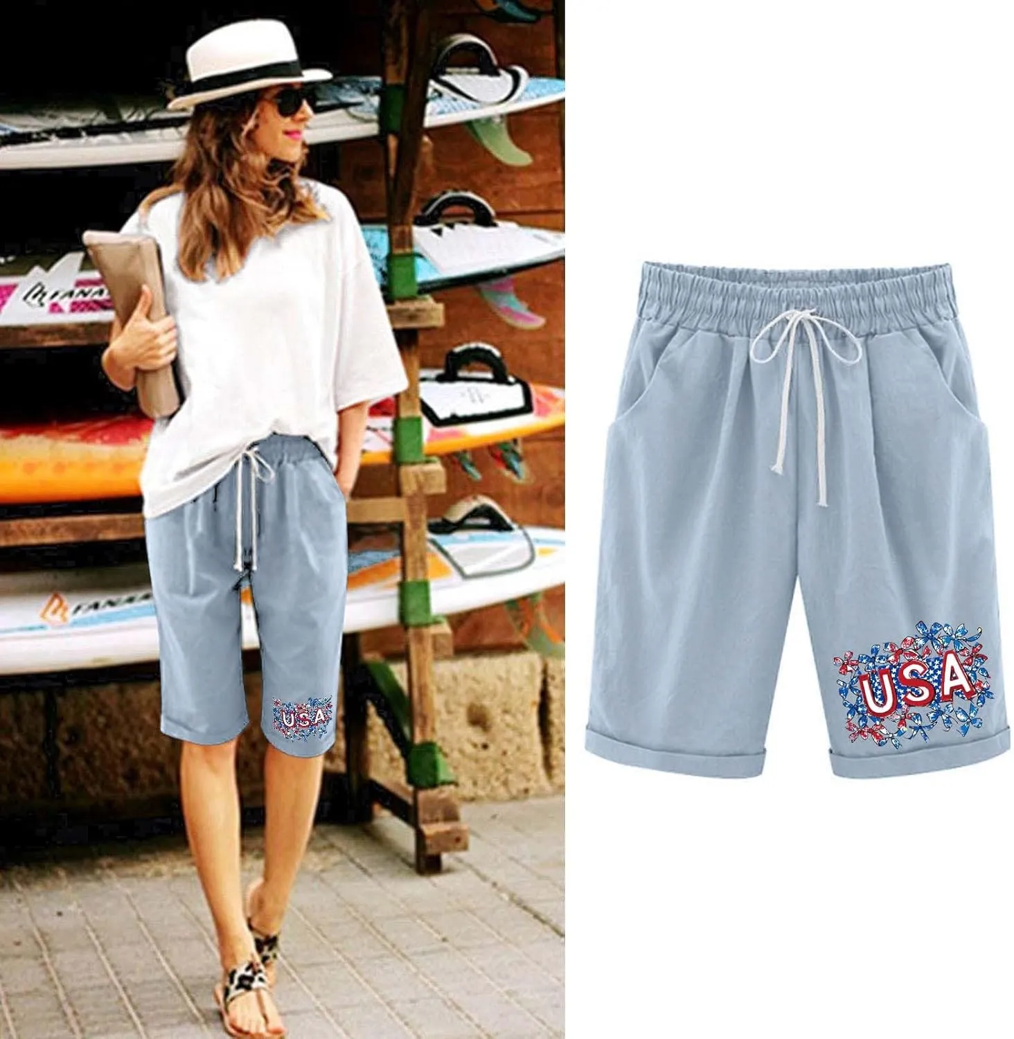 Summer Bermuda Shorts for Women 4th of July Print High Waist Knee Length Pants Drawstring Lounge Shorts with Pockets