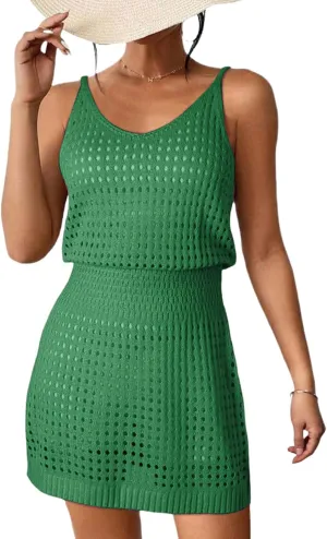 Summer Crochet Hollow Out Knit Beach Bathing Suit Swim Cover Ups Spaghetti Straps Dress Hollow Out Knit Outfits Dress