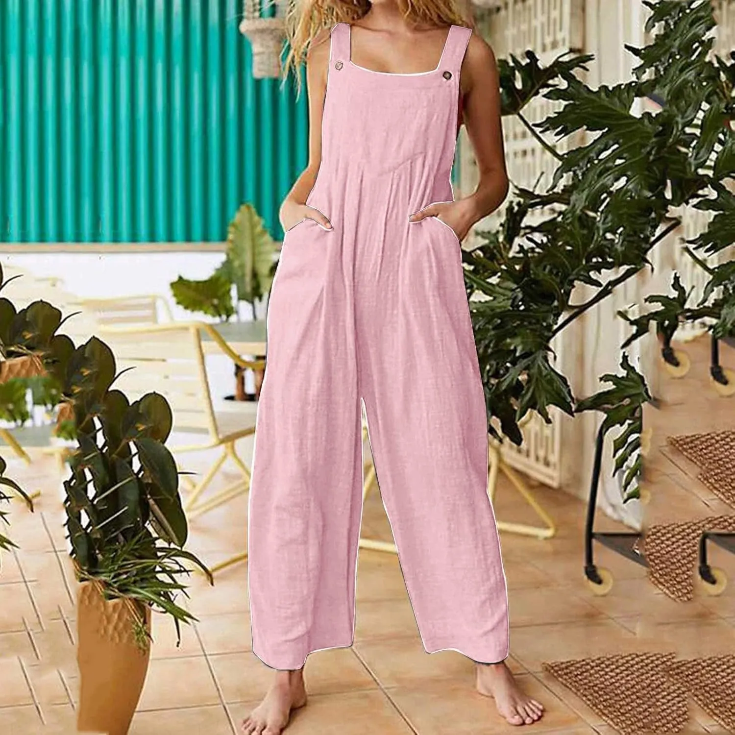 Summer Jumpsuit for Women Casual Dressy Cotton Linen Bib Overall Adjustable Strap Jumpers Wide Leg Pants Rompers 2024