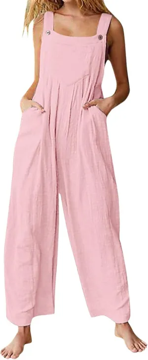 Summer Jumpsuit for Women Casual Dressy Cotton Linen Bib Overall Adjustable Strap Jumpers Wide Leg Pants Rompers 2024
