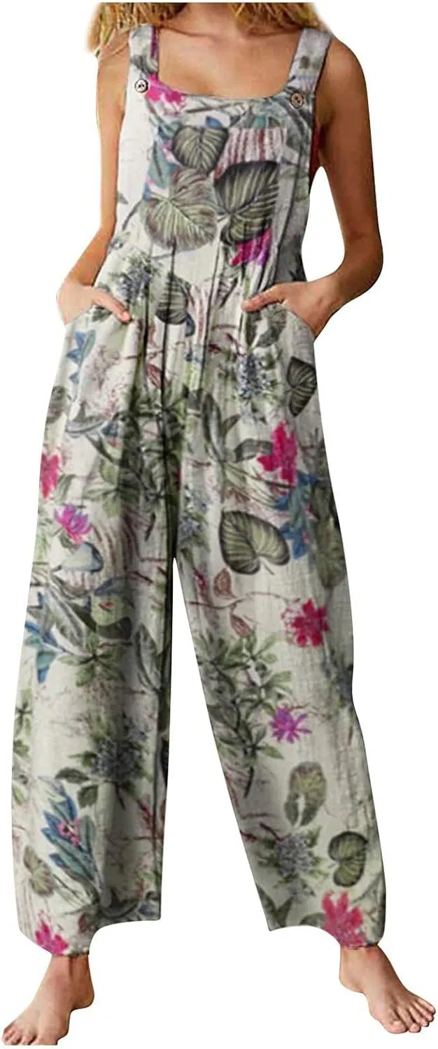 Summer Jumpsuit for Women,Boho Spaghetti Strap Overalls Retro Ethnic Style Rompers Loose Jumpsuits with Pockets