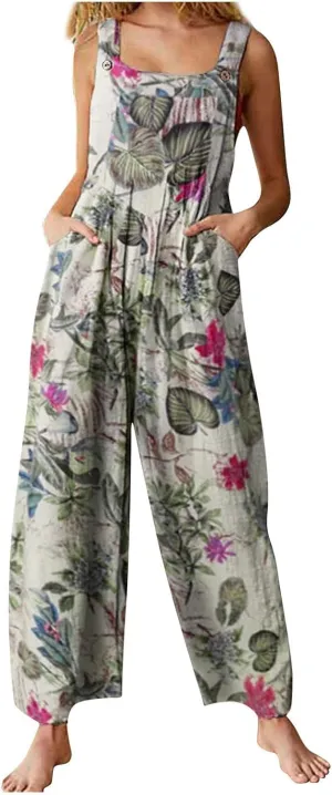 Summer Jumpsuit for Women,Boho Spaghetti Strap Overalls Retro Ethnic Style Rompers Loose Jumpsuits with Pockets