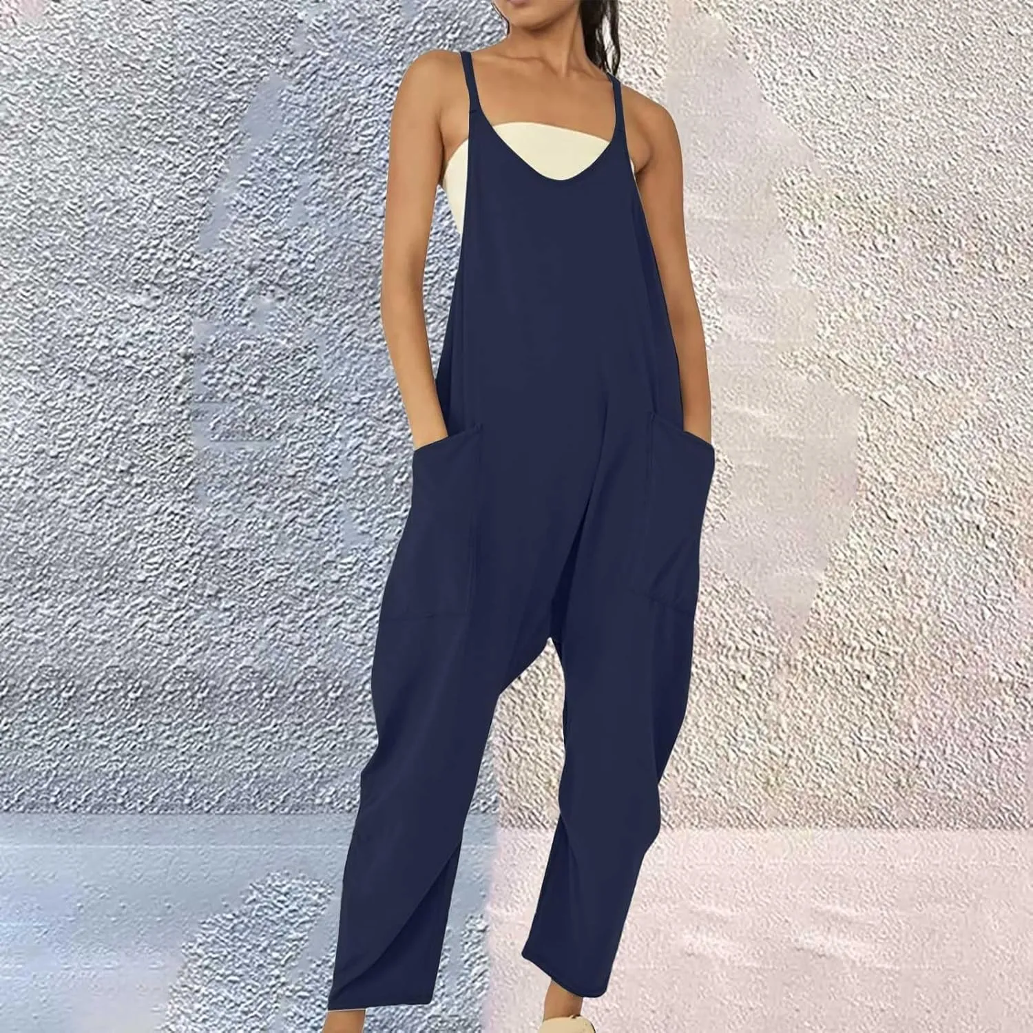 Summer Jumpsuits for Women 2025 Plus Size Sleeveless Overalls Casual Loose Comfy Spaghetti Strap Romper with Pockets