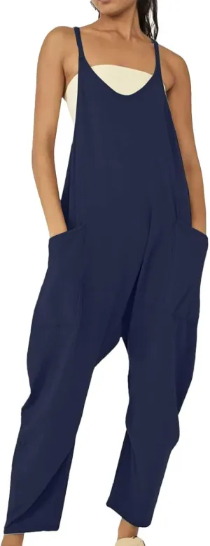 Summer Jumpsuits for Women 2025 Plus Size Sleeveless Overalls Casual Loose Comfy Spaghetti Strap Romper with Pockets