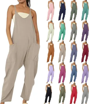 Summer Jumpsuits for Women 2025 Plus Size Sleeveless Overalls Casual Loose Comfy Spaghetti Strap Romper with Pockets
