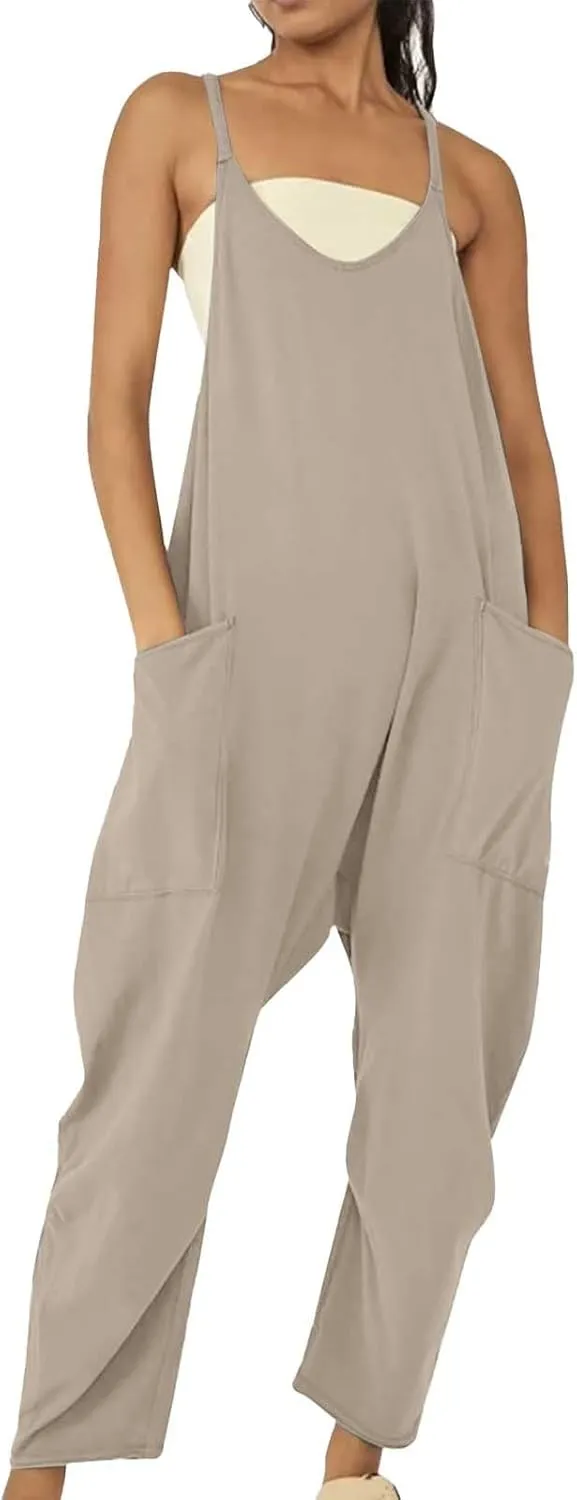 Summer Jumpsuits for Women 2025 Plus Size Sleeveless Overalls Casual Loose Comfy Spaghetti Strap Romper with Pockets
