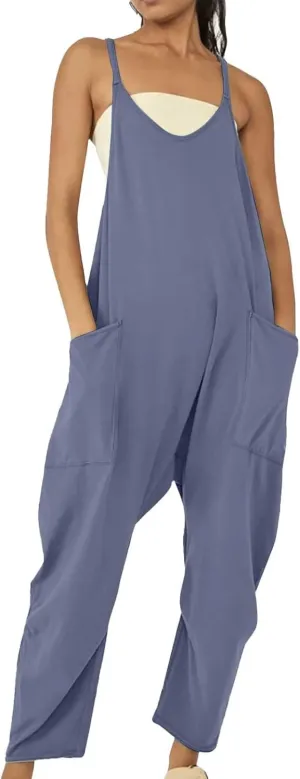 Summer Jumpsuits for Women 2025 Plus Size Sleeveless Overalls Casual Loose Comfy Spaghetti Strap Romper with Pockets
