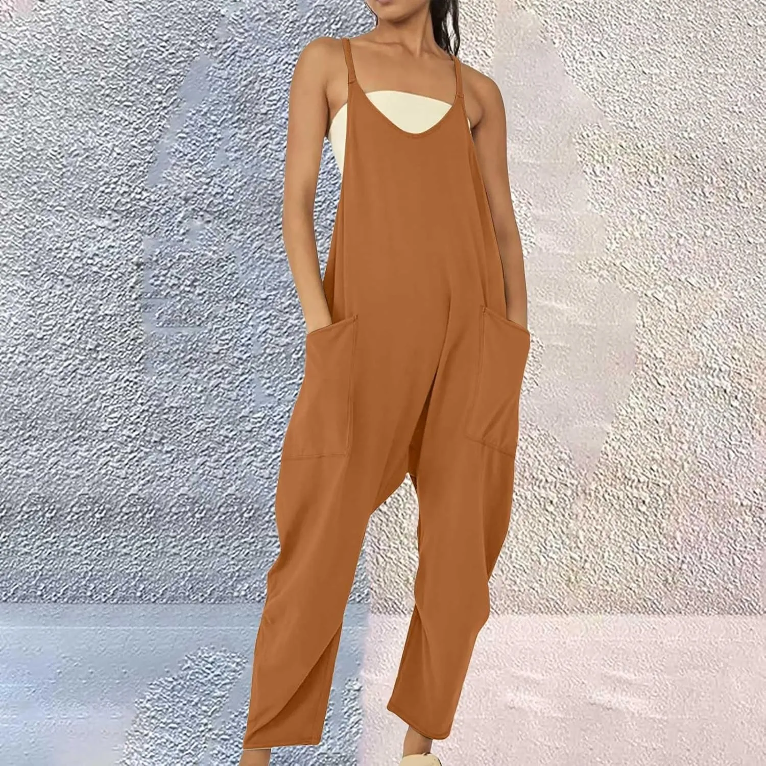 Summer Jumpsuits for Women 2025 Plus Size Sleeveless Overalls Casual Loose Comfy Spaghetti Strap Romper with Pockets